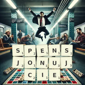 Kreatywna ilustracja do gry w Scrabble ze słowem SPENSJONUJCIE ułożonym z płytek na planszy.