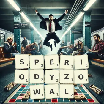 Kreatywna ilustracja do gry w Scrabble ze słowem SPERIODYZOWAL ułożonym z płytek na planszy.