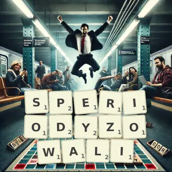 Kreatywna ilustracja do gry w Scrabble ze słowem SPERIODYZOWALI ułożonym z płytek na planszy.