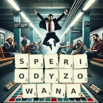 Kreatywna ilustracja do gry w Scrabble ze słowem SPERIODYZOWANA ułożonym z płytek na planszy.