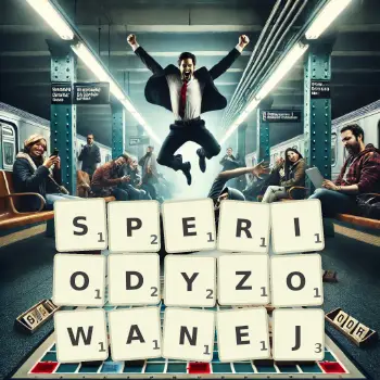 Kreatywna ilustracja do gry w Scrabble ze słowem SPERIODYZOWANEJ ułożonym z płytek na planszy.