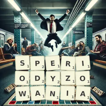 Kreatywna ilustracja do gry w Scrabble ze słowem SPERIODYZOWANIA ułożonym z płytek na planszy.