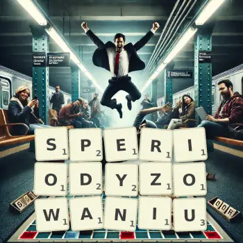 Kreatywna ilustracja do gry w Scrabble ze słowem SPERIODYZOWANIU ułożonym z płytek na planszy.