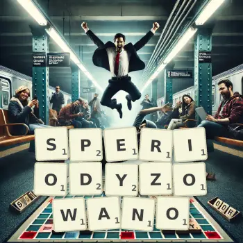 Kreatywna ilustracja do gry w Scrabble ze słowem SPERIODYZOWANO ułożonym z płytek na planszy.