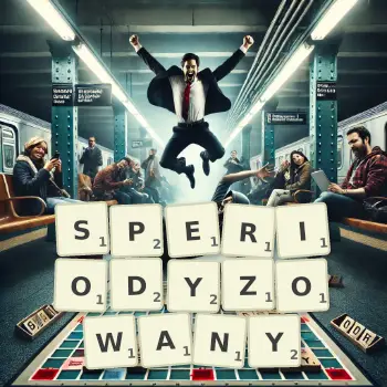 Kreatywna ilustracja do gry w Scrabble ze słowem SPERIODYZOWANY ułożonym z płytek na planszy.