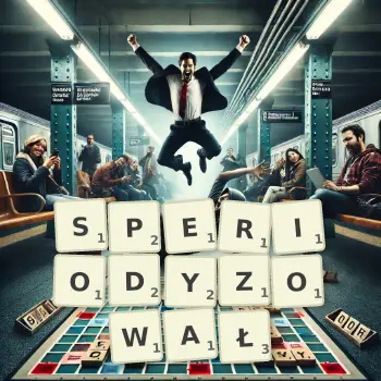 Kreatywna ilustracja do gry w Scrabble ze słowem SPERIODYZOWAŁ ułożonym z płytek na planszy.