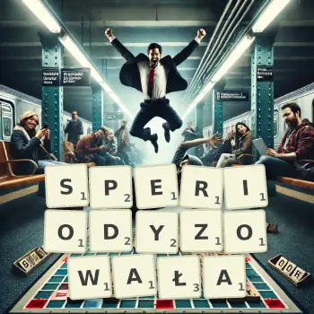 Kreatywna ilustracja do gry w Scrabble ze słowem SPERIODYZOWAŁA ułożonym z płytek na planszy.