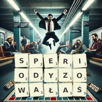 Kreatywna ilustracja do gry w Scrabble ze słowem SPERIODYZOWAŁAŚ ułożonym z płytek na planszy.