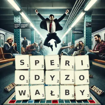 Kreatywna ilustracja do gry w Scrabble ze słowem SPERIODYZOWAŁBY ułożonym z płytek na planszy.