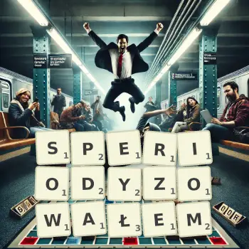 Kreatywna ilustracja do gry w Scrabble ze słowem SPERIODYZOWAŁEM ułożonym z płytek na planszy.