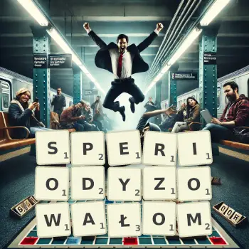 Kreatywna ilustracja do gry w Scrabble ze słowem SPERIODYZOWAŁOM ułożonym z płytek na planszy.
