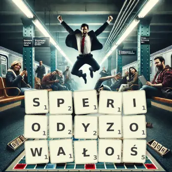 Kreatywna ilustracja do gry w Scrabble ze słowem SPERIODYZOWAŁOŚ ułożonym z płytek na planszy.