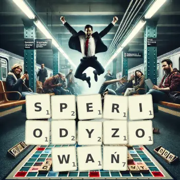 Kreatywna ilustracja do gry w Scrabble ze słowem SPERIODYZOWAŃ ułożonym z płytek na planszy.