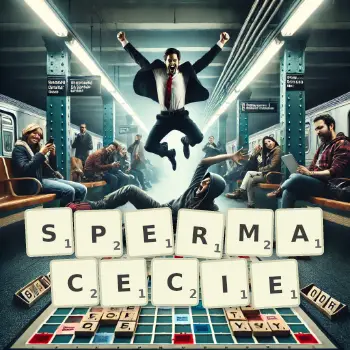 Kreatywna ilustracja do gry w Scrabble ze słowem SPERMACECIE ułożonym z płytek na planszy.
