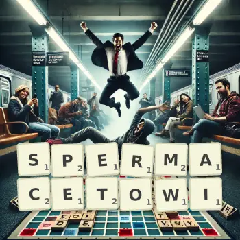 Kreatywna ilustracja do gry w Scrabble ze słowem SPERMACETOWI ułożonym z płytek na planszy.