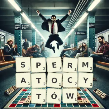 Kreatywna ilustracja do gry w Scrabble ze słowem SPERMATOCYTÓW ułożonym z płytek na planszy.