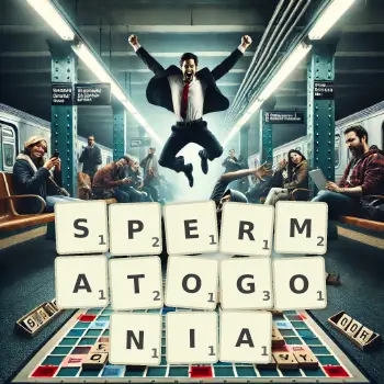 Kreatywna ilustracja do gry w Scrabble ze słowem SPERMATOGONIA ułożonym z płytek na planszy.