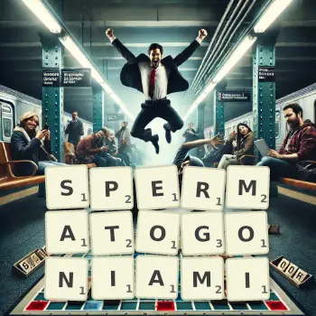 Kreatywna ilustracja do gry w Scrabble ze słowem SPERMATOGONIAMI ułożonym z płytek na planszy.