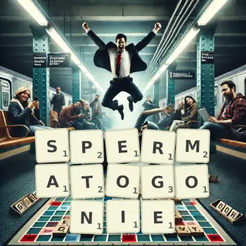 Kreatywna ilustracja do gry w Scrabble ze słowem SPERMATOGONIE ułożonym z płytek na planszy.