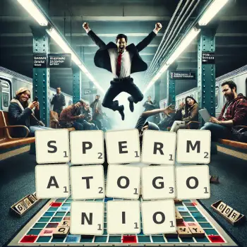 Kreatywna ilustracja do gry w Scrabble ze słowem SPERMATOGONIO ułożonym z płytek na planszy.
