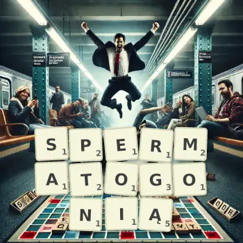 Kreatywna ilustracja do gry w Scrabble ze słowem SPERMATOGONIĄ ułożonym z płytek na planszy.