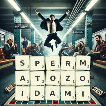 Kreatywna ilustracja do gry w Scrabble ze słowem SPERMATOZOIDAMI ułożonym z płytek na planszy.