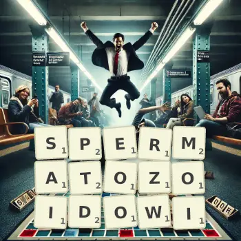 Kreatywna ilustracja do gry w Scrabble ze słowem SPERMATOZOIDOWI ułożonym z płytek na planszy.