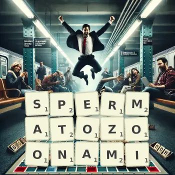 Kreatywna ilustracja do gry w Scrabble ze słowem SPERMATOZOONAMI ułożonym z płytek na planszy.