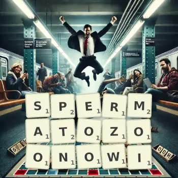 Kreatywna ilustracja do gry w Scrabble ze słowem SPERMATOZOONOWI ułożonym z płytek na planszy.