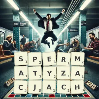 Kreatywna ilustracja do gry w Scrabble ze słowem SPERMATYZACJACH ułożonym z płytek na planszy.