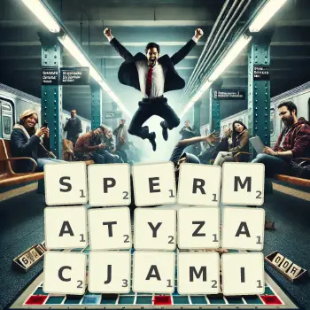 Kreatywna ilustracja do gry w Scrabble ze słowem SPERMATYZACJAMI ułożonym z płytek na planszy.