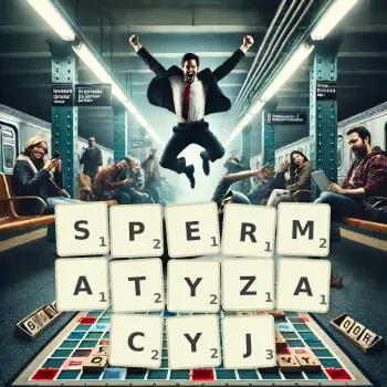 Kreatywna ilustracja do gry w Scrabble ze słowem SPERMATYZACYJ ułożonym z płytek na planszy.