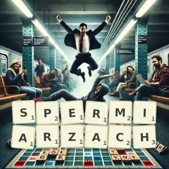 Kreatywna ilustracja do gry w Scrabble ze słowem SPERMIARZACH ułożonym z płytek na planszy.