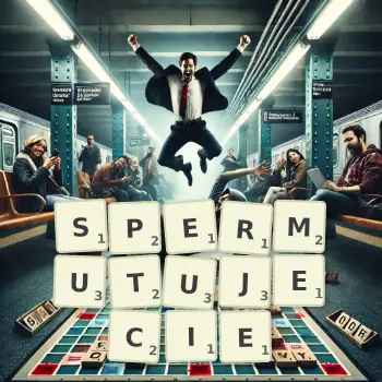Kreatywna ilustracja do gry w Scrabble ze słowem SPERMUTUJECIE ułożonym z płytek na planszy.