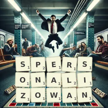 Kreatywna ilustracja do gry w Scrabble ze słowem SPERSONALIZOWAN ułożonym z płytek na planszy.