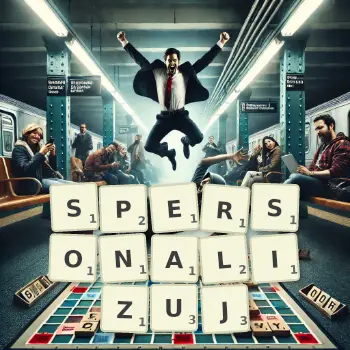 Kreatywna ilustracja do gry w Scrabble ze słowem SPERSONALIZUJ ułożonym z płytek na planszy.