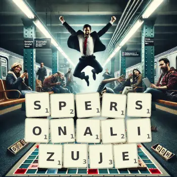 Kreatywna ilustracja do gry w Scrabble ze słowem SPERSONALIZUJE ułożonym z płytek na planszy.