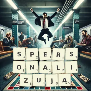 Kreatywna ilustracja do gry w Scrabble ze słowem SPERSONALIZUJĄ ułożonym z płytek na planszy.