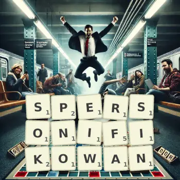 Kreatywna ilustracja do gry w Scrabble ze słowem SPERSONIFIKOWAN ułożonym z płytek na planszy.