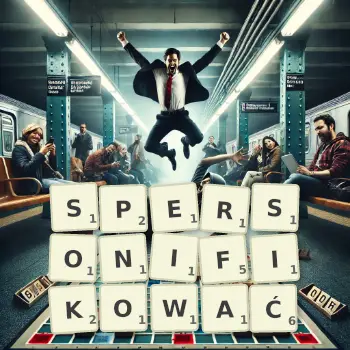 Kreatywna ilustracja do gry w Scrabble ze słowem SPERSONIFIKOWAĆ ułożonym z płytek na planszy.