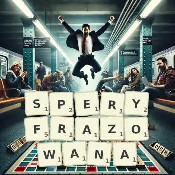 Kreatywna ilustracja do gry w Scrabble ze słowem SPERYFRAZOWANA ułożonym z płytek na planszy.