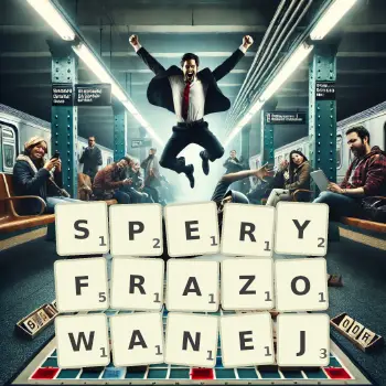 Kreatywna ilustracja do gry w Scrabble ze słowem SPERYFRAZOWANEJ ułożonym z płytek na planszy.