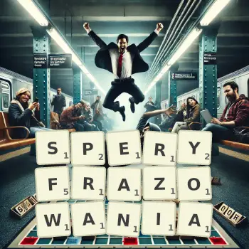 Kreatywna ilustracja do gry w Scrabble ze słowem SPERYFRAZOWANIA ułożonym z płytek na planszy.