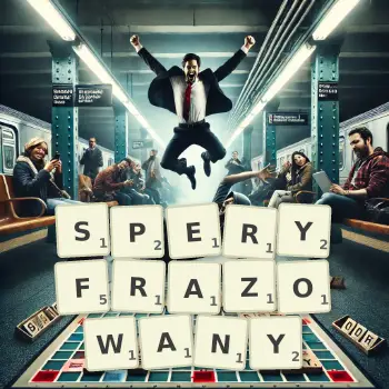 Kreatywna ilustracja do gry w Scrabble ze słowem SPERYFRAZOWANY ułożonym z płytek na planszy.