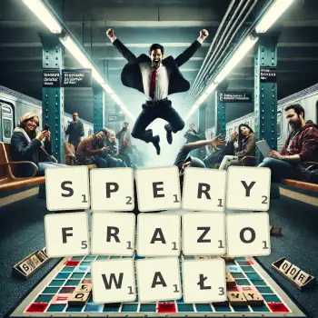 Kreatywna ilustracja do gry w Scrabble ze słowem SPERYFRAZOWAŁ ułożonym z płytek na planszy.