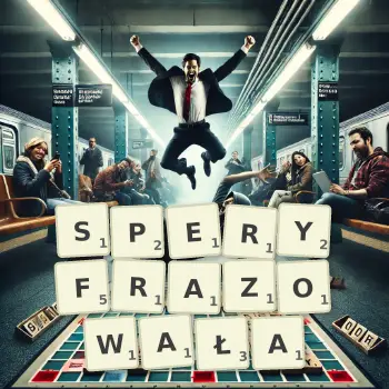 Kreatywna ilustracja do gry w Scrabble ze słowem SPERYFRAZOWAŁA ułożonym z płytek na planszy.