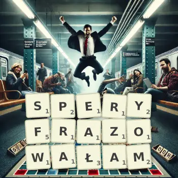 Kreatywna ilustracja do gry w Scrabble ze słowem SPERYFRAZOWAŁAM ułożonym z płytek na planszy.