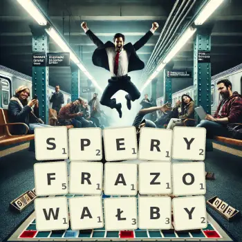 Kreatywna ilustracja do gry w Scrabble ze słowem SPERYFRAZOWAŁBY ułożonym z płytek na planszy.