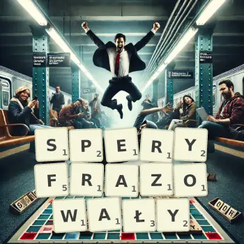 Kreatywna ilustracja do gry w Scrabble ze słowem SPERYFRAZOWAŁY ułożonym z płytek na planszy.