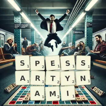 Kreatywna ilustracja do gry w Scrabble ze słowem SPESSARTYNAMI ułożonym z płytek na planszy.